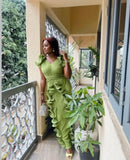 Purpdrank  Summer Design Dresses Solid Color V Neck Puff Sleeve Ruffles Lace Up Pleated Dress Female Slim Fashion Elegant Women's Clothing