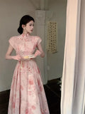 Purpdrank  Chinese Style Light Pink Cheongsam Dress Women Elegant Floral Print Party Dress Summer Short Sleeve Stand Collar A Line Chipao