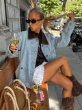 Purpdrank  Autumn Denim Patchwork Jacket Women PU Leather Turn Down Collar Long Sleeve Pockets Coats Female High Street Chic Outerwear