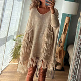 Purpdrank  Autumn Women Solid Color Irregular Pullover Dress Fashion V Neck Long Sleeve Tassel Knitted Sweater Casual Loose Ladies Sweater