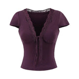 Purpdrank  Women's Summer Slimming T-Shirt Pure Lusty Sweet Sexy V Neck Short-Sleeved Top with Breast Pads New Style