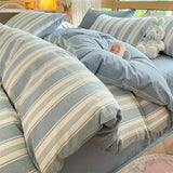 Purpdrank  High Quality Striped Printed Pure Cotton Bedding Sets Skin Friendly Breathable Soft Quilt Kit Non Color Fading Bed Set
