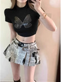 Purpdrank American Printed Pleated Skirts 2025 Autumn New Low Waisted A-line Skirt for Women Y2k Grunge Faldas Mujer Newspaper