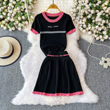 Purpdrank  Korean Sle Student Stripe Knitted T-irt Top High Waist A-Line Skirt Set round Ne ort Sve Casual Faion Ensemble