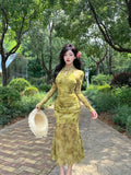 Purpdrank  Sexy Long Sleeve Lace Cheongsam Dress Waist Cinched Maxi Skirt for Women Southeast Asia Cross Border Elegant Commute Style
