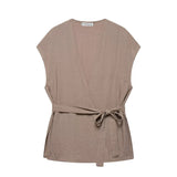 Purpdrank  Women2 Pieces Casual Kimono Wrap-Style V Neck Waistcoat Pyjama Style Trousers Two Piece Set Female OutfitHigh Waist Pants Set