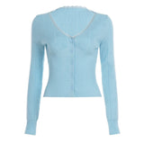 Purpdrank  Slim Sweet Solid Lace Trim Knitted Cardigans Casual V-Neck Long Sleeve Sweaters Women Autumn Winter Fashion Streetwear Lady