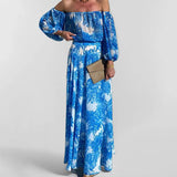 Purpdrank  Summer Sexy Off Shoulder Women Long Dress Vacation Style Blue Printed High Waist Bubble Sleeve Sexy Maxi Dresses