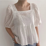 Purpdrank  Summer Cotton Puff Sleeve Women's T-shirts 2025 New Square Collar Backless Hollow Out Casual Loose Shirts Tops Female