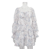 Purpdrank  Fashion Printing Lace Up Tierred Dresses Spring Women Square Collar Long Sleeved Short Dress Autumn High Waist Slim Mini Dress