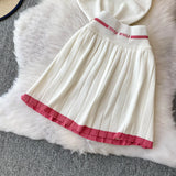 Purpdrank  Korean Sle Student Stripe Knitted T-irt Top High Waist A-Line Skirt Set round Ne ort Sve Casual Faion Ensemble
