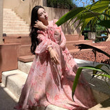 Purpdrank  French Style Floral Waist-Cinching Lantern Sleeve Vacation Beach Dress