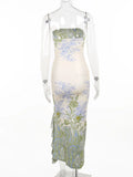 Purpdrank  Women's Elegant Floral Print Strapless Bodycon Maxi Dress Ruffle Hem High Slit Vacation Party Dress