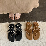 Purpdrank   Women's Black Cow Suede Low Heel Sandal Summer Fashion Studded Decor Thong Sandals Ankle Strap Slip-On Summer Beach Shoes
