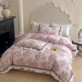 Purpdrank  500TC Egyptian Cotton Vintage French Rose Flowers Print Ruffles Bedding Set Duvet Cover Flat/Fitted Bed Sheet Pillowcases 4Pcs