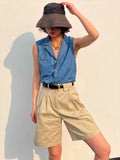 Purpdrank  Blue Denim Suit Collar Vest For Women'S Summer Lightweight Cotton Retro Versatile Commuting Sleeveless Shirt