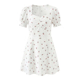 Purpdrank  Retro French Style White Floral Print Short Puff Sleeve Dress Women V neck Slim Waist A-line Mini Dresses Vestidos Holiday Robe