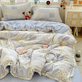 Purpdrank  Double Layer Yarn Bedding Set Print Floral Four Pieces Set Soft Comfortable Duvet Cover Bed Sheet With Pillowcases Home Textiles