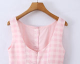 Purpdrank  Sexy Pink Gingham Plaid Low Waist Mini Tank Dress Women Open Buttons Neck Backless Ruched Hem Swing Sleeveless Dresses Vestidos