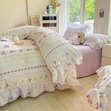 Purpdrank  Flower Skin-friendly Washed Cotton Bedding Set Duvet Cover Set Korean Lace Ruffles Quilt Cover Soft Cover Bed Linen Pillowcases
