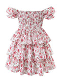 Purpdrank  Women Sexy Flower Print Cross Bandage Off Shoulder Dress Fold Elastic Back 3 layer Wood Ears Ruffles Hem Cake Mini Holiday Robe