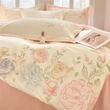 Purpdrank  Beige/Pink Flowers Butterfly Embroidery 100% Cotton Bedding Set Duvet Cover Set Bed Sheet/Fitted Sheet Pillowcases 4Pcs Bed Sets