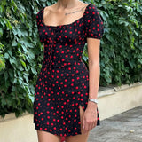 Purpdrank  French Retro Black Print Bow Square Collar Short Elastic Puff Dress Women Zipper Back Slim Waist Slit Hem Mini Dresses Robe Blue