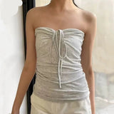 Purpdrank  6 colors Summer Sexy Bow Lacing up Drawstring Collar Strapless Camis Women Elastic Back Tank Top Camisoles Skinny Vest Tee Gray