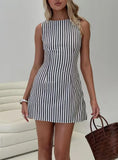 Purpdrank  Elegant Summer New Striped Print Dresses Women Casual Fashion Crew Neck Sleeveless Vestido Mujer Dress Elegante Women Clothing