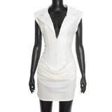 Purpdrank  Elegant Sleeveless Bodycon Dress for Women Fashion Solid Deep V Neck Shoulder Padded Slim Ruched Office Date Night Outfit