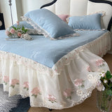 Purpdrank  Princess Bed Skirt Sheet Summer Cool Bed Skirt Mattress Lace Bedsheet Not Stuffy Double King Bedspread With 2 Pillowcases