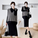 Purpdrank - Autumn Winter Maternity Long Sweaters Striped Vest Sets Thick Warm Dress Suits Clothes for Pregnant Women Pregnancy Wear