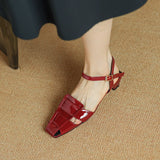 Purpdrank  New Summer Women Sandals Genuine Leather Women Shoes Square Toe Low Heel Shoes Narrow Band Cover Toe Modern Sandals
