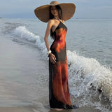 Purpdrank  Floral Print Sheer Mesh Patchwork Vacation Beach Maxi Dress Women Lace Up Halter Backless Sleeveless Bodycon Holiday Outfit Robe