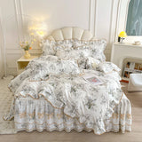 Purpdrank  100% Cotton Vintage Pastoral Style Rose Flowers Print Ruffles Bedding Set Duvet Cover Set Bow Lace Quilted Bed Skirt Pillowcases