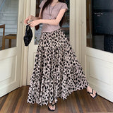 Purpdrank  Korean Leopard Print Pleated Long Skirt Women Elegant Holiday Fairycore Skirts Female High Quality A Line Party Faldas New