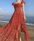 Purpdrank  Tea Break French Hepburn Gentle Youthful Red Floral Dress VintagevintageFairy Dress with a Sense of Sophistication for Women