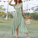 Purpdrank  Elegant Women's V-neck Floral Print Long Dress Summer Short-sleeve Lace Up A-line Dresses Bohemian Holiday Vacation Dresses