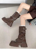 Purpdrank  Retro Mid-Calf  Boots Women's Long Boots Thi Bot ort Boots Korean Sle Spring Autumn Season Flat Heel PU Material