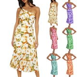 Purpdrank  Elegant Oblique Shoulder Pleated Floral Print Spaghetti Dresses For Women Sexy Backless Strape Summer Midi Dress Vestidos