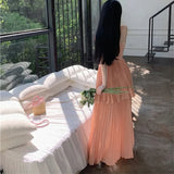 Purpdrank  Sweet V-Neck Pink Dress Women Spaghetti Straps Sleeveless Chiffon Pleated Casual Beach Dress Sexy Slim Long Dress
