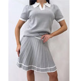 Purpdrank  Summer 2 pieces Knitted Women's Sets Polo Collar Short Sleeve Tops and Pleated Sexy Mini Skirts Outfits Suit for Female
