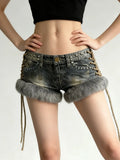 Purpdrank  Punk Rock Fuzzy Trim Denim Shorts American Retro Studded Low Waist Side Lace-up Hot Pants for Women Y2K Fashion Streetwear