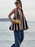 Purpdrank  Chic V-neck Backless A-line Stripe Loose Vests Fashion Women Sleeveless Top 2025 Casual Holiday Female Halter Tops High Street