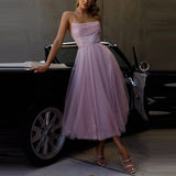 Purpdrank  Lady High Waist Simple Party Dress Fashion Pure Mesh Pleated Halter Evening Dress Sexy Backless Sleeveless Pleated Banquet Dress