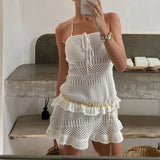 Purpdrank  Fashion Hight Waist Bikini Cover Up Dress Sexy Strapless Hollow Knitted Dress Women Elegant Sleeveless Backless Solid Mini Dress