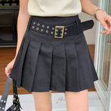 Purpdrank  Summer Vintage Women's Pleated Skirts with Belted 2025 New Solid High Waist Casual Loose A-line Sexy Mini Skirts Female