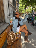 Purpdrank  Autumn Denim Patchwork Jacket Women PU Leather Turn Down Collar Long Sleeve Pockets Coats Female High Street Chic Outerwear