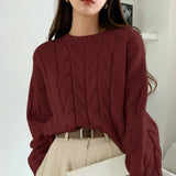 Purpdrank  Women Fall Winter Twist Knit Top Pullover Sweater Loose Round Neck Solid Color Versatile Fashionable Comfortable Petite