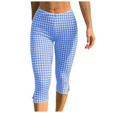 Purpdrank  Women Gingham Plaid Capri Leggings Lace Trim Waist Split Hem High Waist Slim Fit Casual Summer Pants Y2k Aesthetic Streetwear